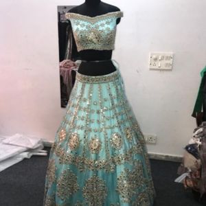 Blue mirror work lehenga